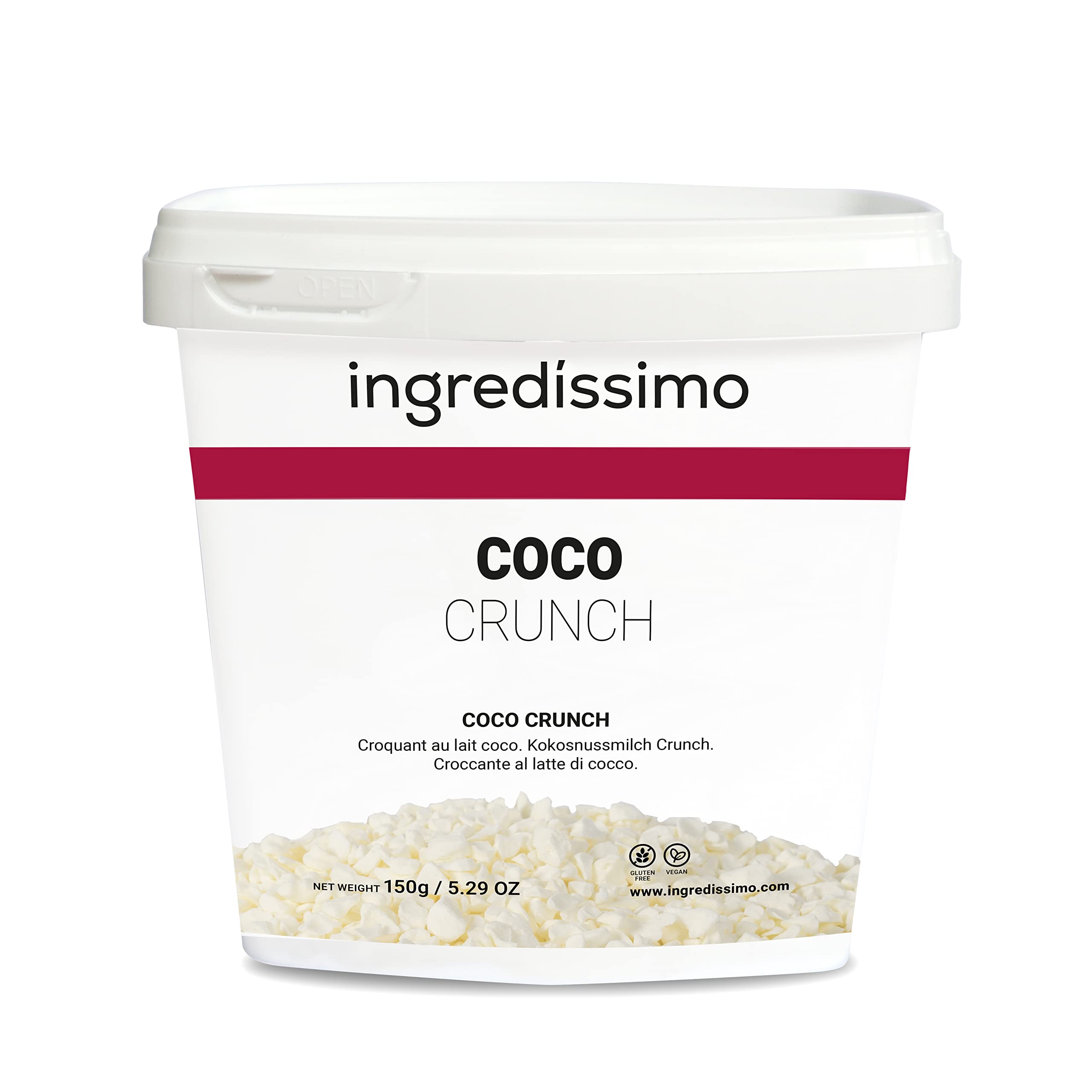 INGREDISSIMO Coco Liofilizado Crunch, Leche de Coco, Fruta Seca Troceada 2-10mm, sin Gluten, Snack Saludable Crujiente Blanco Crema, 150 g