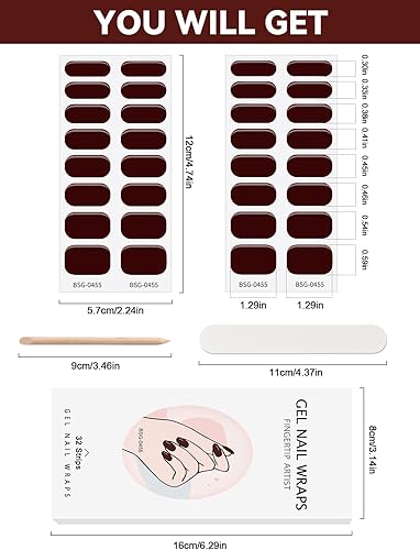 Miniatura 6 de EBANKU Tiras de uñas de gel semicuradas, 32 unidades, calcomanías de esmalte de gel para uñas de salón en casa, kit de pedicura (rojo oscuro)