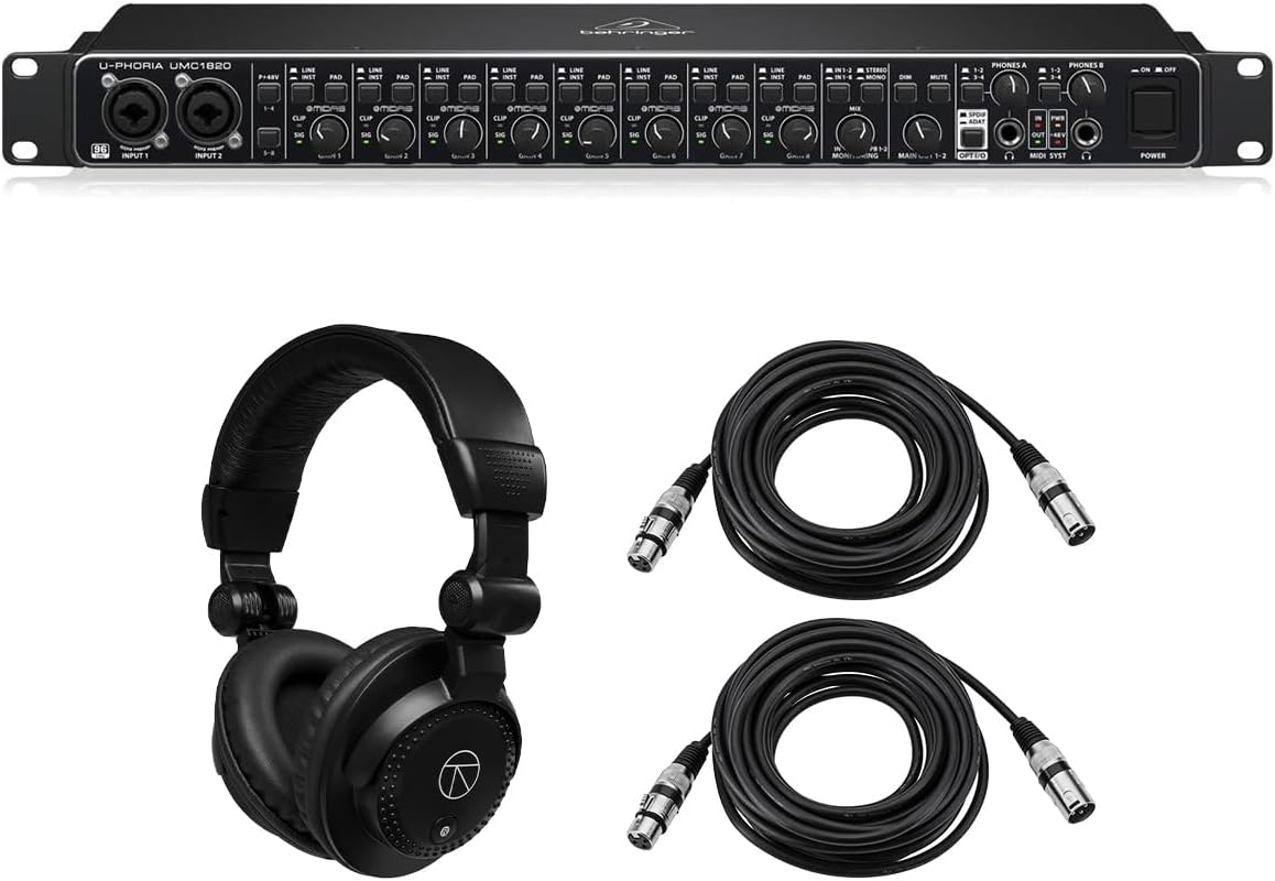 Behringer U-PHORIA UMC1820 Audiophile 18×20 USB 2.0 Audio/MIDI Interface, Bundle with TAPH100 Monitor Headphones and 2x 25′ XLR Cable Behringer U-PHORIA UMC1820 Audiophile 18×20 USB 2.0 Audio/MIDI Interface, Bundle with TAPH100 Monitor Headphones and 2x 25′ XLR Cable