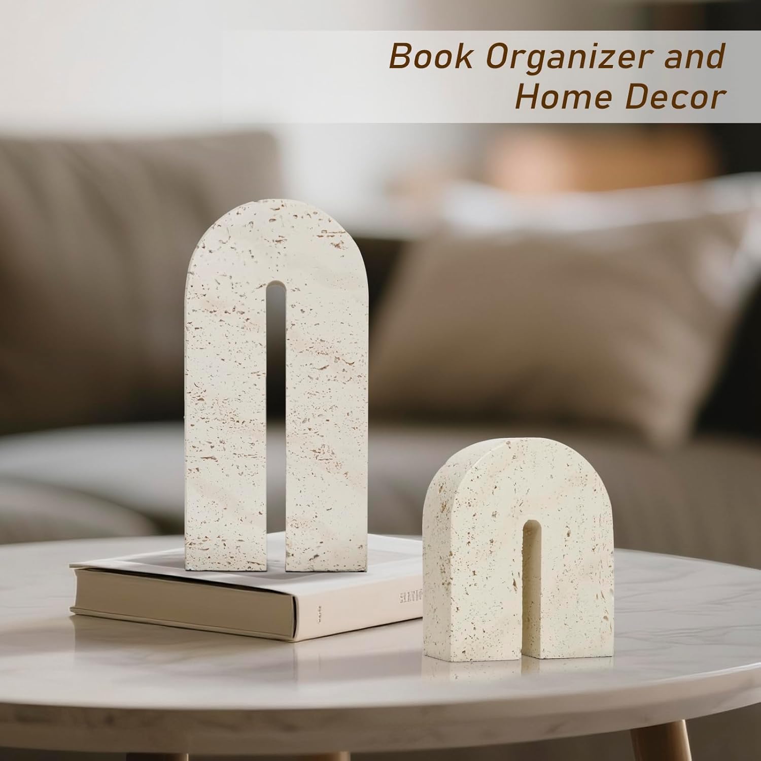 Book Ends for Shelves, Resin Heavy Duty Decorative Bookends, Retro Arch Book Holder for Heavy Books, Imitation Travertine Book Stopper for Home Decor, Study, Bookshelf, Desktop, Set of Two