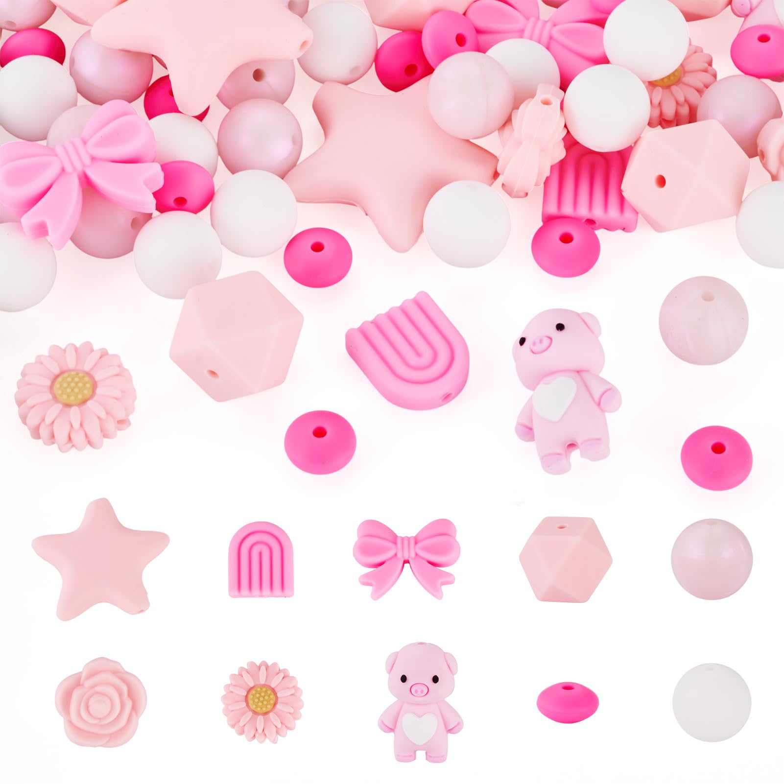 60Pcs Pink Silicone Focal Beads for Pens Round Bow Bear Silicone Beads for Keychain Making Assorted Pig Rose Star Bead for DIY Crafts Valentines Bracelet Jewelry Making — image 1