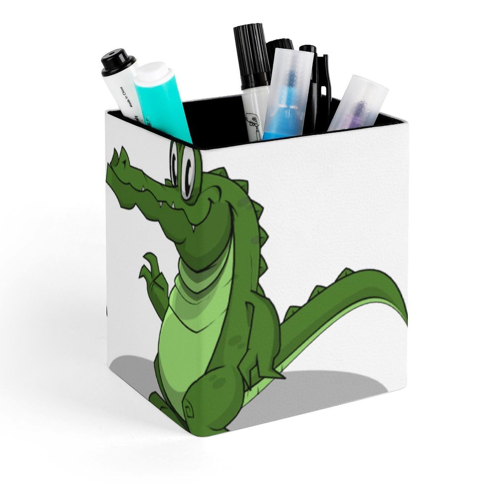 DWVTSLH Aesthetic Pen Holder for Desk - Modern Leather Pencil Holder - Stylish Square Makeup Brush Holder - Crocodile Pen Cup Cute And Functional Desk Organizer for Office Supplies