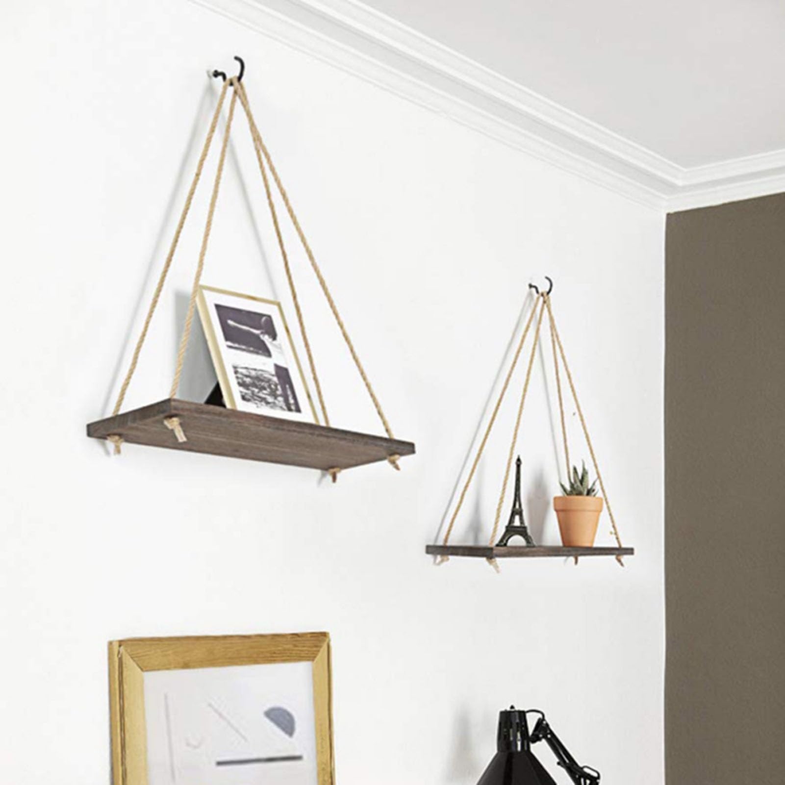 Schwebende Wandregale, Schaukel-Aufbewahrungsregal für die Wand, Hängeregale aus Holz mit gewebtem Seil, Hängendes Pflanzenregal, Gestell, Display, Boho, rustikale Wandregale, Raumdekor (Bra