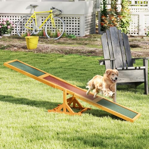 COSTWAY Hundewippe Holz, Hunde Agility Wippe, Outdoor Hundesport für Balance-Training, für kleine & große Hunde bis 60 kg, wetterfestes Spielset, 179 x 30 x 55 cm (Gelb)