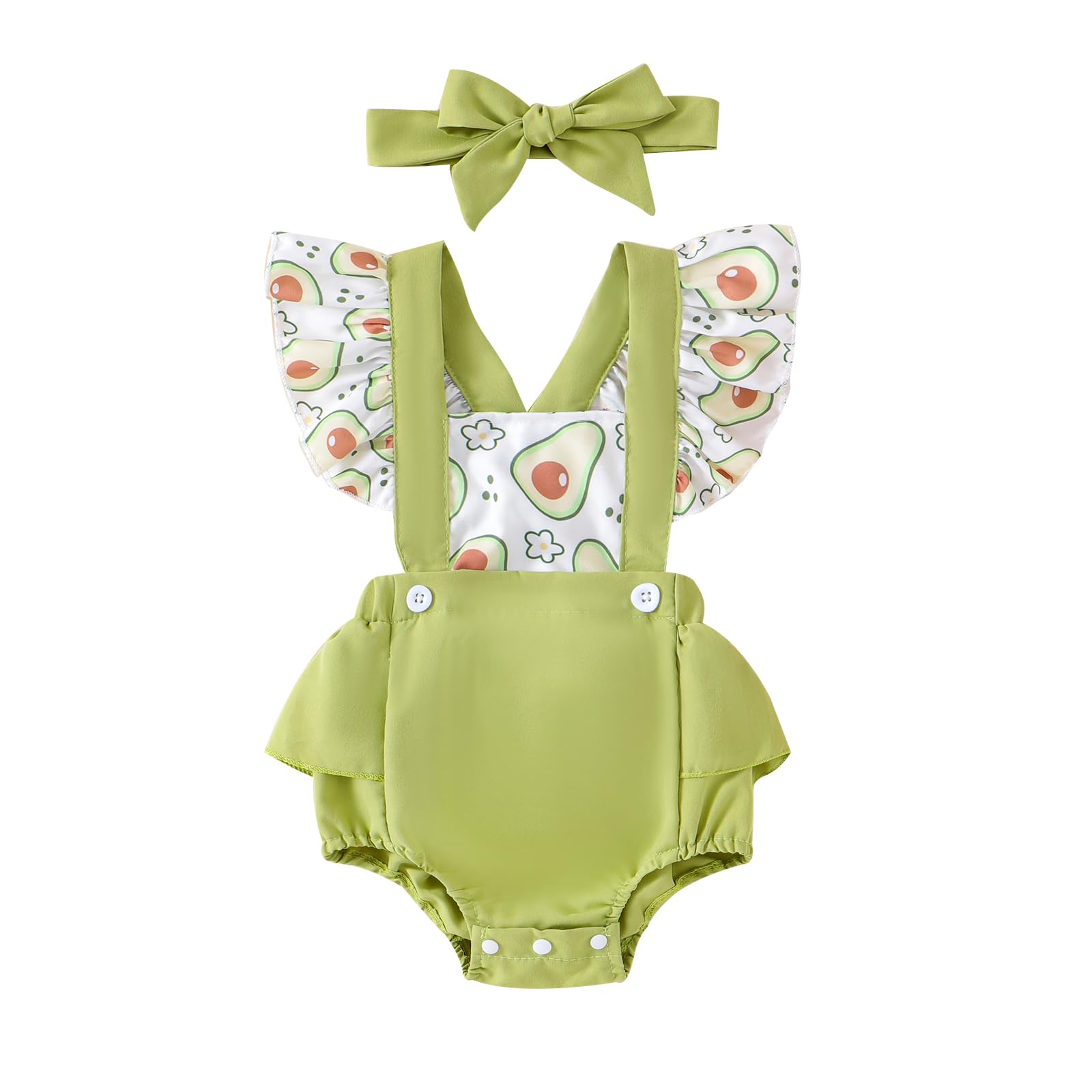 Karesoull Cute Newborn Baby Girl Overalls Clothes Set Summer Fly Sleeves Romper with Bow headband Infant Outfit (Green, 6-9 Months)