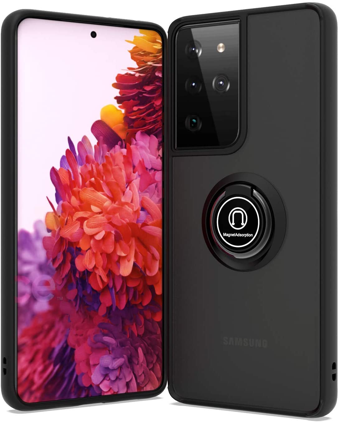 Zege for Samsung S21/S21 PLUS/S21 ULTRA case Flexible Silicone Protective Bumper Thin Translucent Shockproof Matte Back Cover with 360 rotational Car Mount Magnetic Ring Holder (S21, JET BLACK)