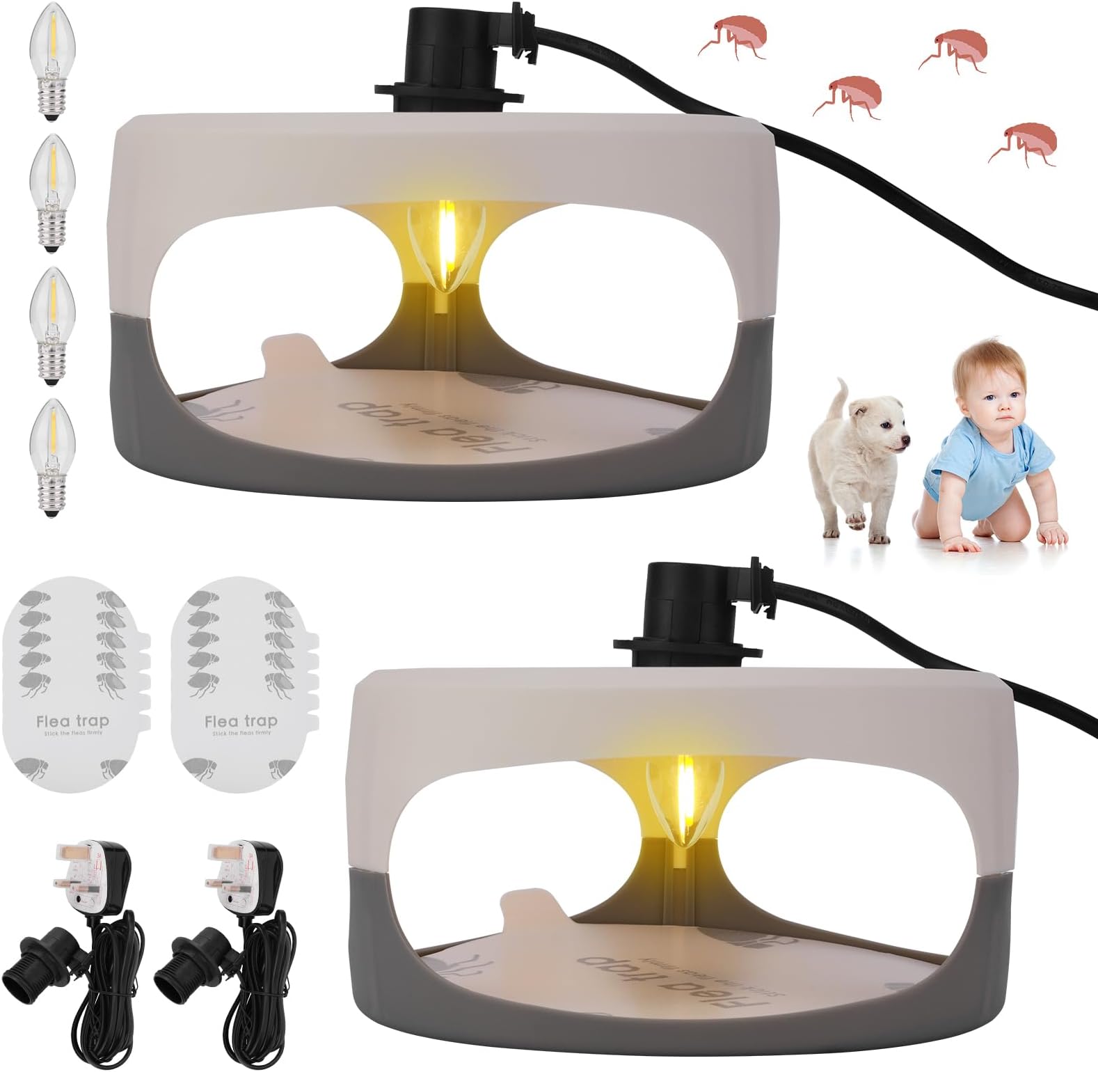 Flea Traps for Home, 2 Pack Electric Dome Flea Trap Lamps with 4 Light Bulbs, Natural Fleas Catcher Lamps Fleas Lamp Trap with 10pcs Sticky Sticker for Bedroom Living Room Kitchen Utility Room
