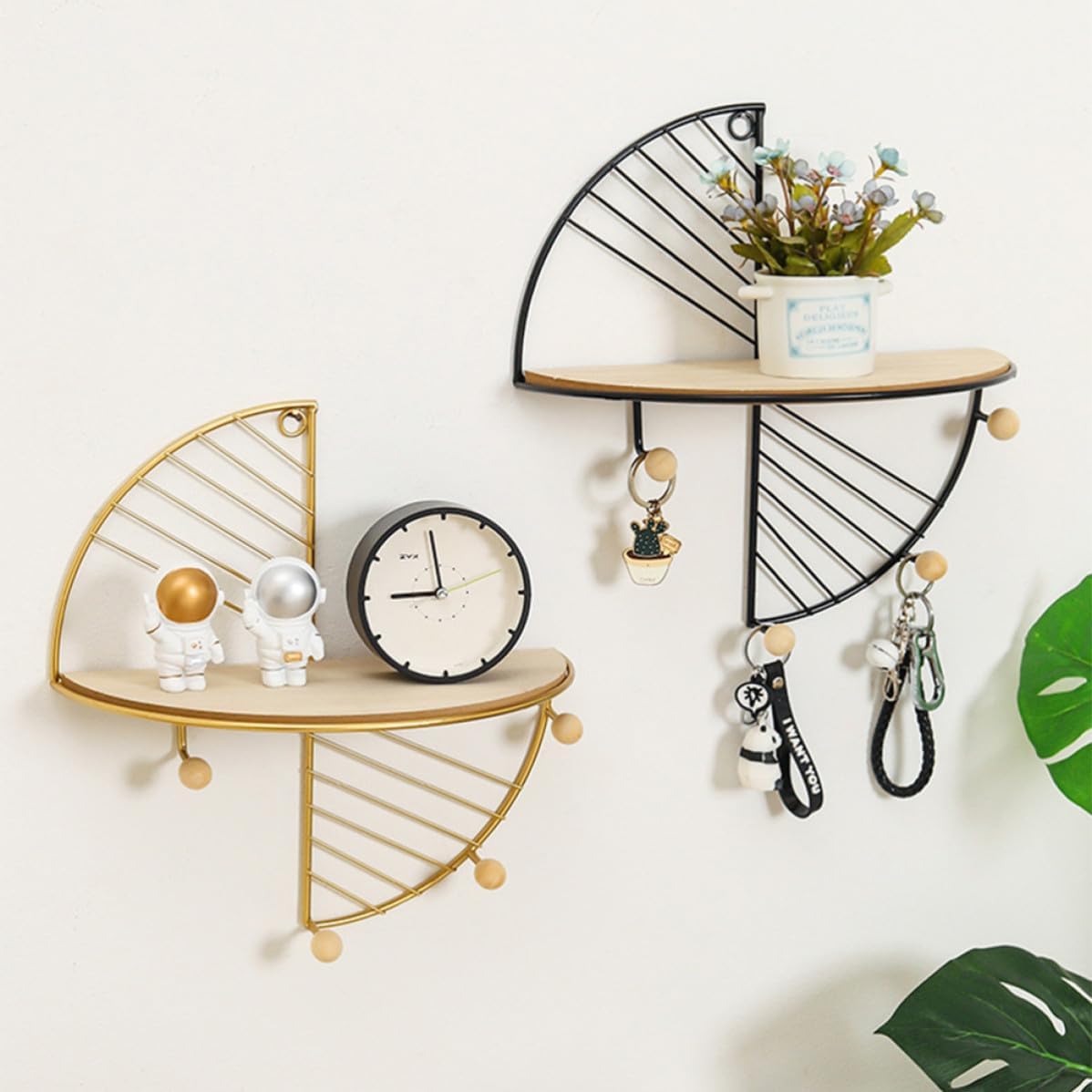 OUNONA Nordic Style Iron and Wood Wall Hanging Pendant with Multiple Hooks, Wall-Mounted Storage Organizer for Bathroom and Kitchen, Simple Elegant Wall Rack to Hold Picture Frames