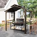 EROMMY 8' x 5' Hardtop Grill Gazebo, Outdoor Metal BBQ Gazebo with Double Galvanized Steel Gable Roof, Permanent Grill Canopy with Side Shelves for Patio Deck Lawn Backyard Garden (Brown)
