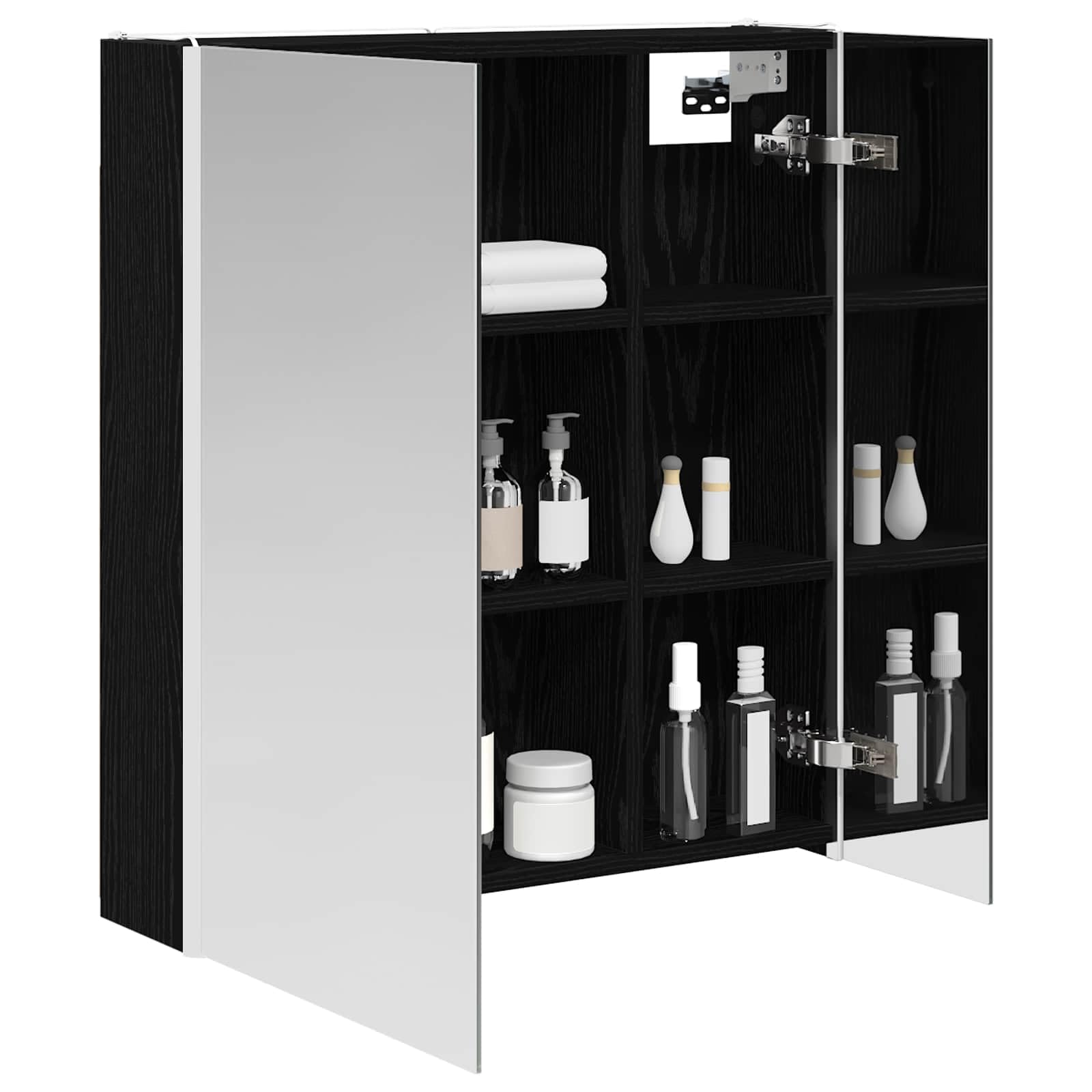 Szafka łazienkowa z lustrem w kolorze czarnym o wyglądzie dębu, materiał drewnopochodny, paski LED z USB, 63,5 x 15,5 x 70 cm, montowana na ścianie, podwójne lustro, 2 półki, miejsce do