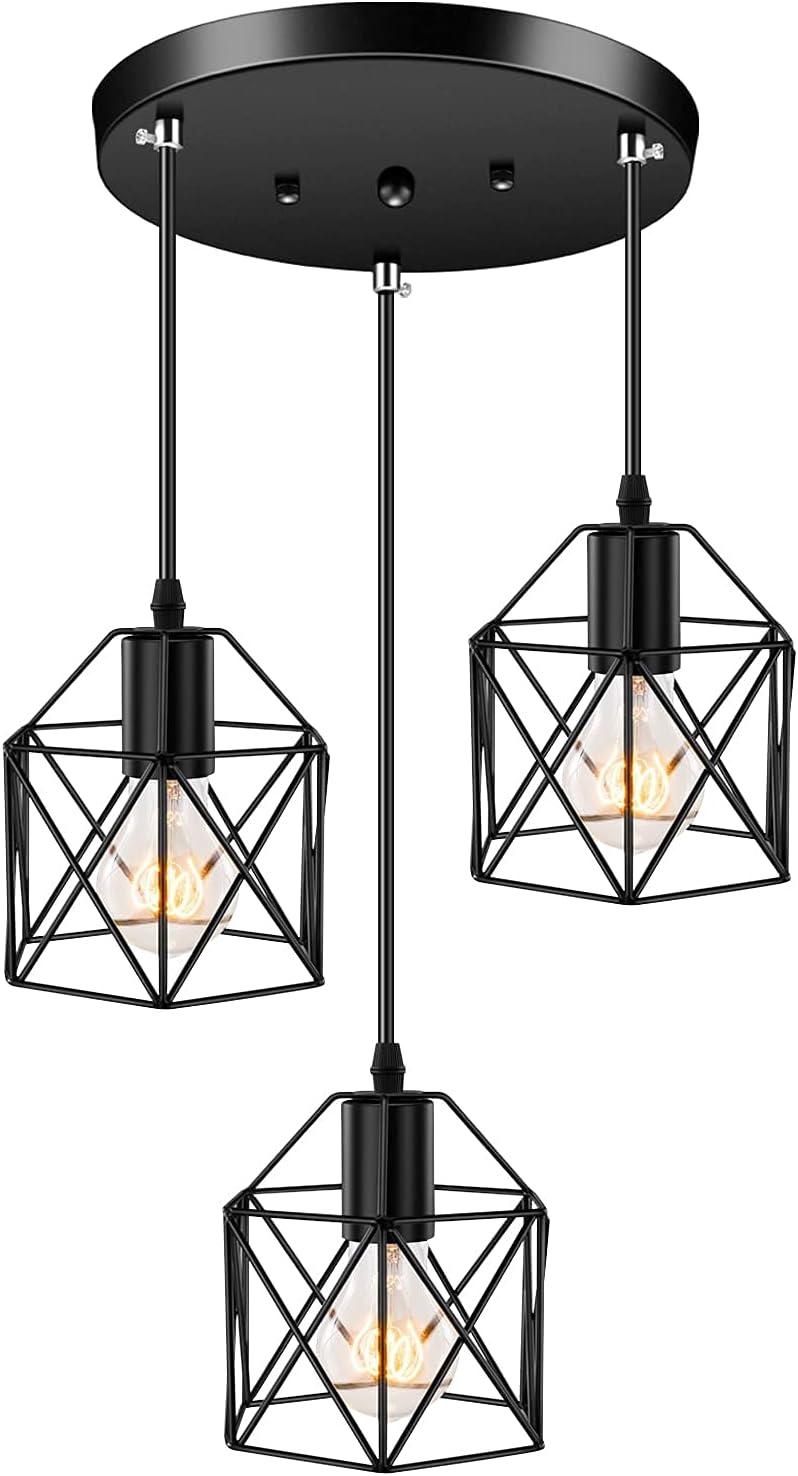 Licperron Industrial Pendant Lighting E27 Base Edison Metal Caged Vintage Hanging Pendant 3-Lights Rustic Pendant Light Fixture for Kitchen Dining Room Bar Hotel