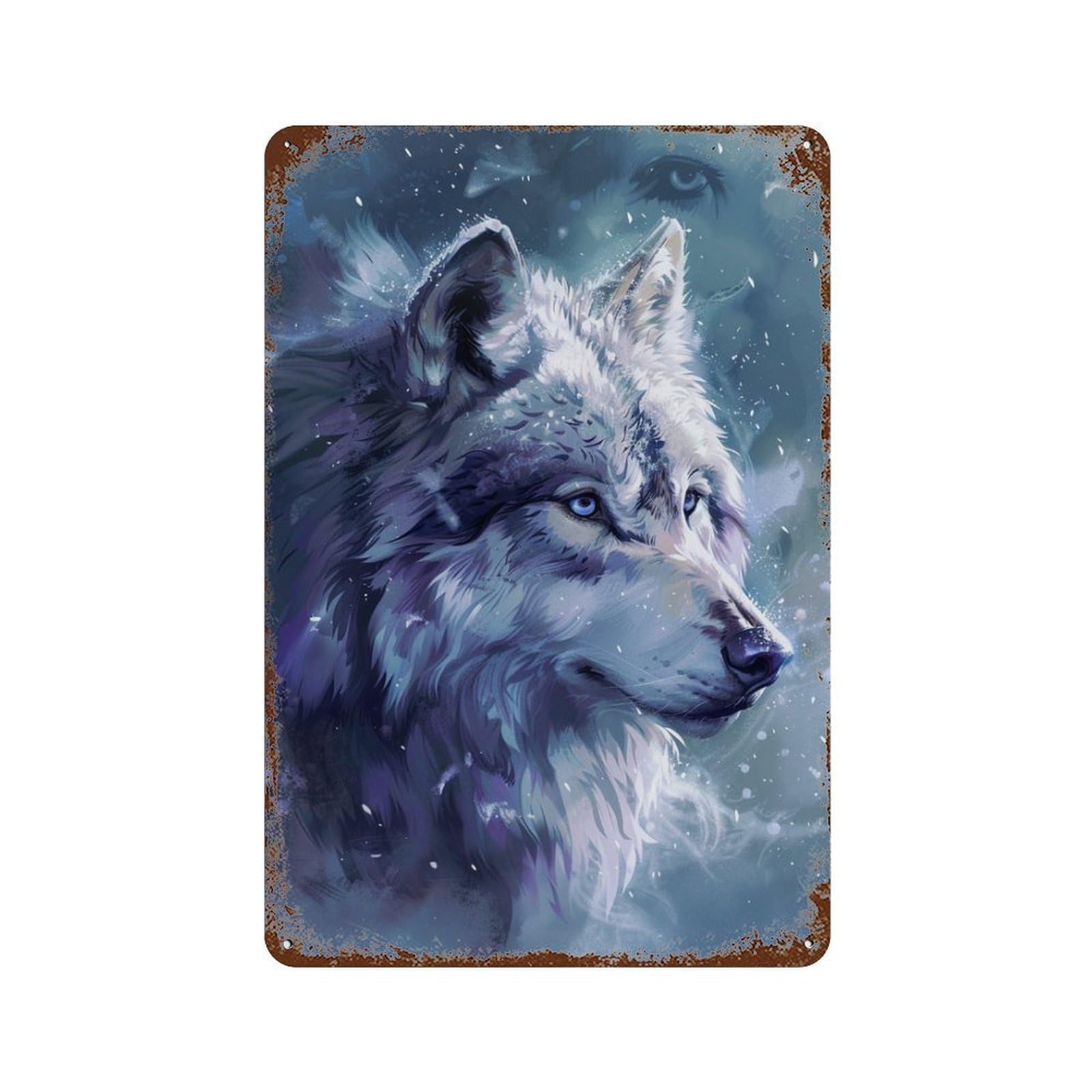 Winter Wolf Fantasy Art Print 11.8"x7.9" Aged Metal Wall Plaque, Vintage Wall Decor for Basement, Hobby Room And Garage Decor