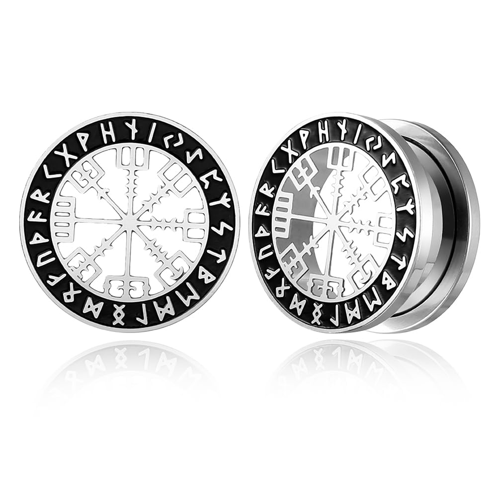 Earblity1 Pair Cute gauges with Norse Viking Rune Ear Tunnels Plugs 316 Stainless Steel Ear Gauges Weight Saddle Plugs Hypoallergenic expander Piercing Body Jewelry for women and men
