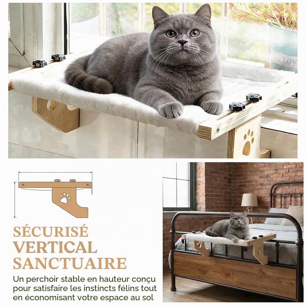 Hamac Chat Radiateur Mural, Transat pour Chat Intérieur Bois, Hamac Chats Suspendus 55x38x16.7 cm, Panier Chats à Suspendre sans Perçage, Charge Lourd de 20 KG, pour Fenêtre Bureau Balcon Porte