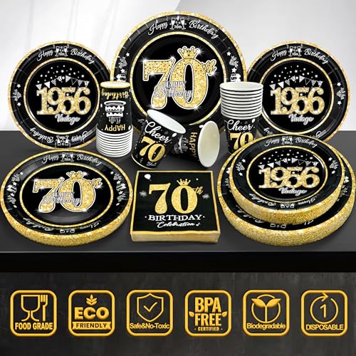 Image of 70th Birthday Decorations Plates and Napkins Black and Gold, Service for 30, Vintage 1956 Birthday Party Bundle Includes Black Gold Plates, Napkins, Cups 70th Birthday Supplies for Men Women