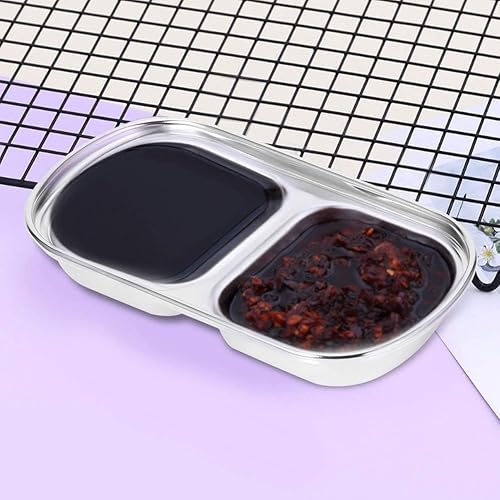 Miniatura 2 de esowemsn 2 platos de acero inoxidable para salsa plateada, 2 compartimentos, cuencos de soya para sushi, condimentos, bandeja para servir
