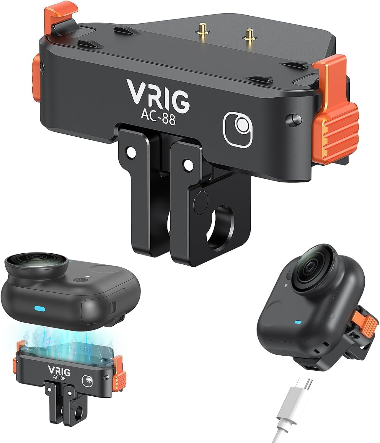 VRlG Magnetic Quick Release Mount for Insta360 GO Ultar with Charging, Aluminum snap-On Magnetic Base with Foldable Adapter and 1/4" Adapter for Tripods & Selfie Sticks, Vlogging