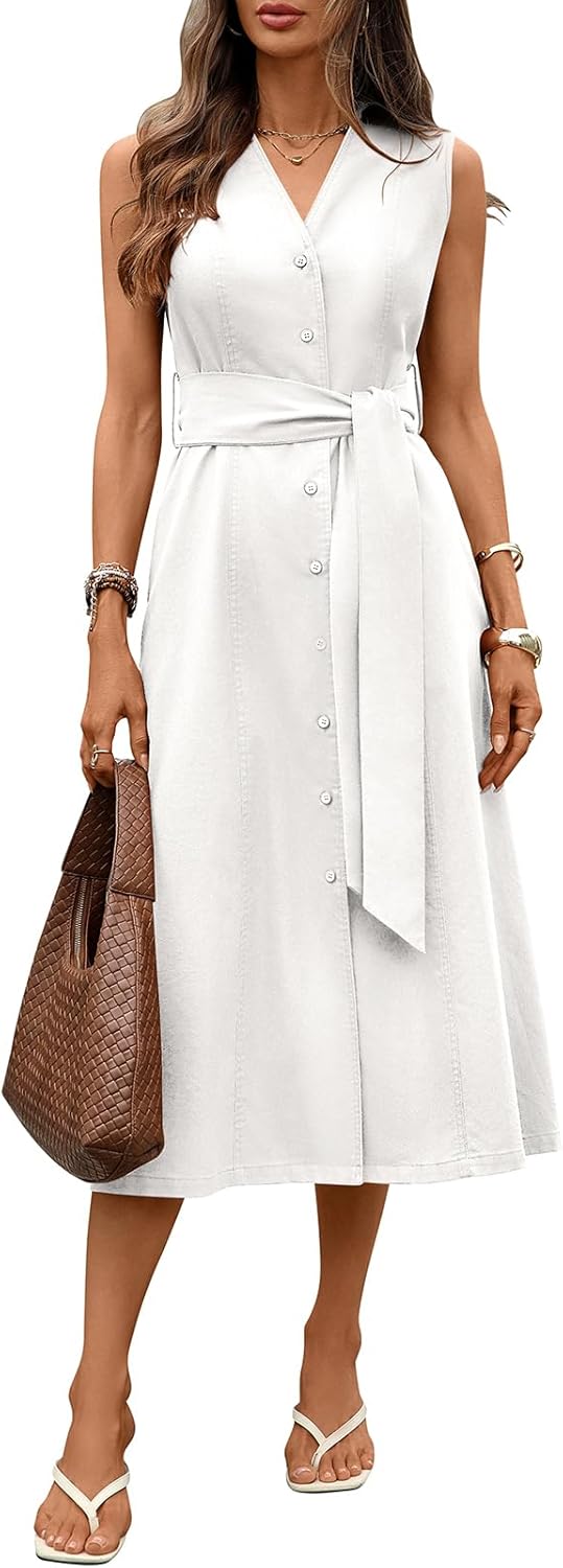 Women's Collared Shirt Dress V Neck Sleeveless Button Down Linen Midi Dresses with Belt
