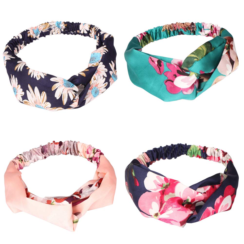 4Pcs Boho Headbands Fashion Silk Turban Headband with Floral Printed Elastic Hair Bands Criss Cross Twisted Head Wrap Headdress Hair Accessories for Women Girls (Random Color)