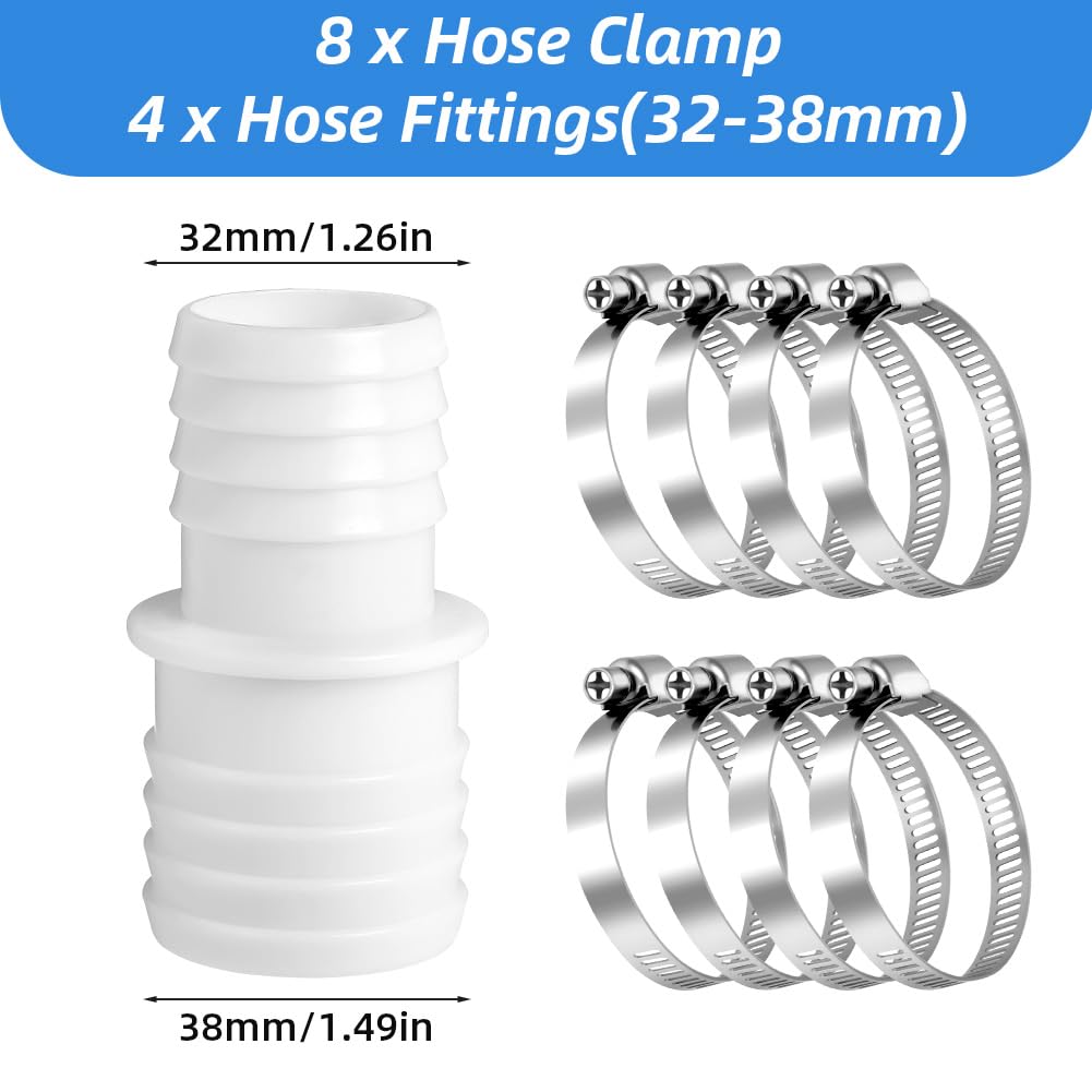 4 szt. złącza węża basenowego, złącza i złączki węża, szybkozłącze węża 32 do 38 mm, z 8 metalowymi zaciskami, złącze rury węża do pralki, adapter odkurzacza basenowego (białe)