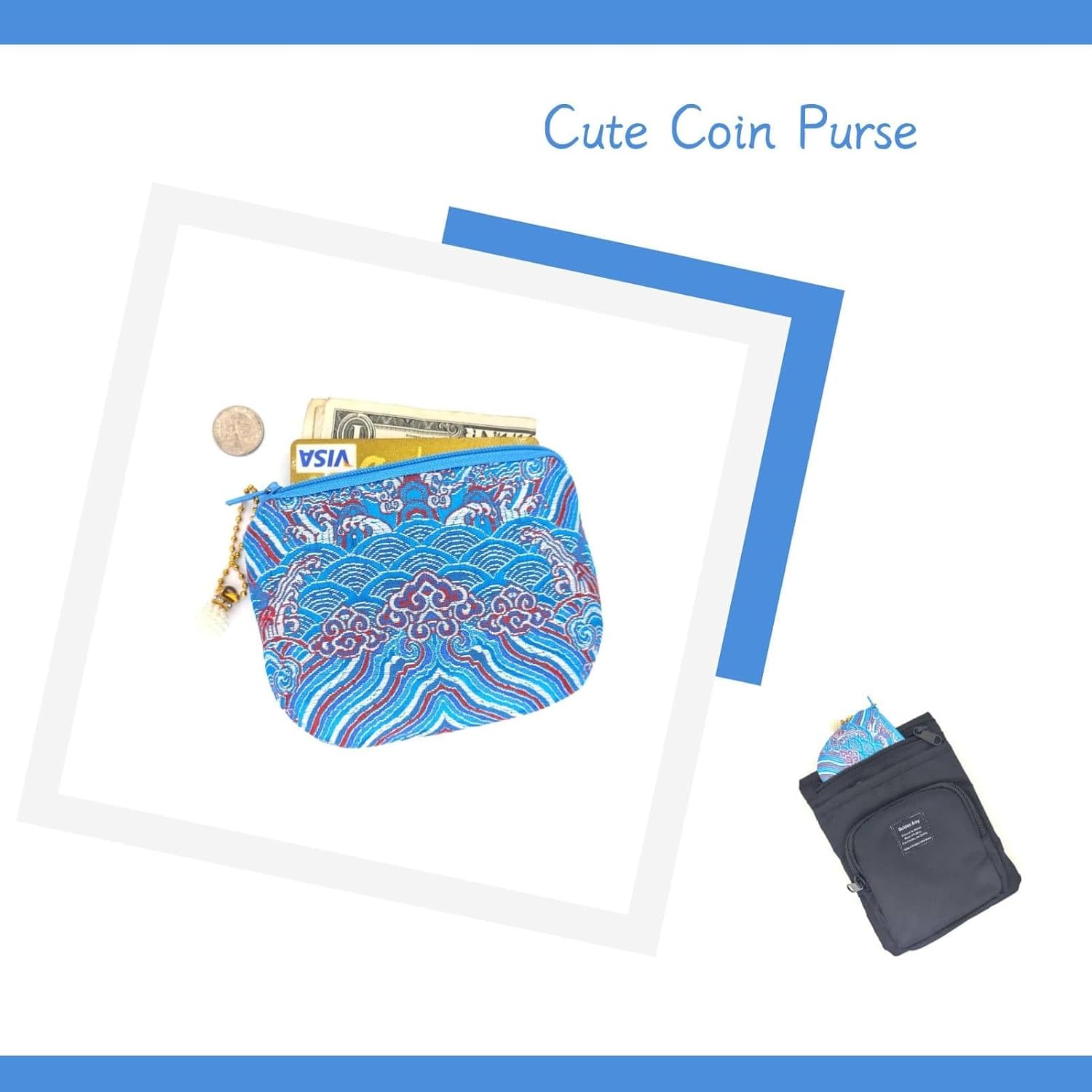 Handmade Jewelry Pouch Women Coin Purse Brocade Zipper Wallet Silk Rosary Bag - SkyBlue - Image 3