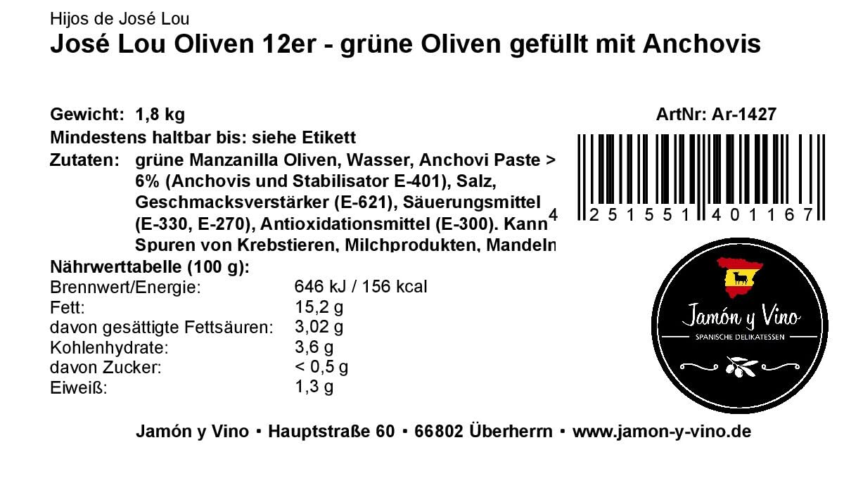 José Lou Oliven 12er grüne Oliven gefüllt mit Anchovis