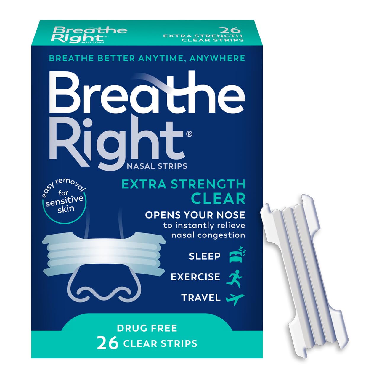 Breathe Right Nasal Strips Extra Strength Clear Nasal Strips For Sensitive Skin Help Stop Snoring Drug-Free Snoring Solution