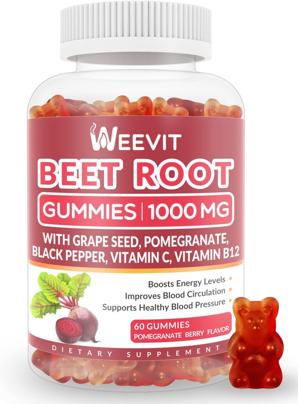 Beet Gummies 1000mg with Grape Seed, Pomegranate, Black Pepper, Vitamin C, B12