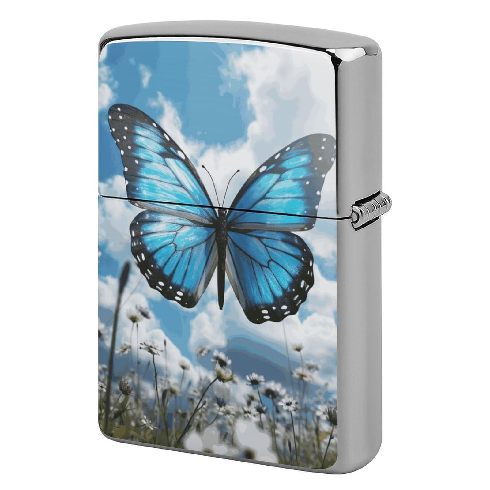 Blue Butterfly and Clouds Lighter Cover for Men, Personalized Lighter Case for Birthday Gift, Flip-Top Lighters Protective Cover, Portable Lighters Shell for Outdoor, Travel