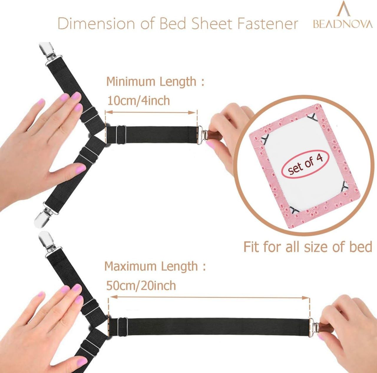 7Seas Bed Sheet Holders with Strong Metal Clips - Elastic 3-Way Triangle Design Sheet Fasteners for All Bed Sizes, Prevent Slipping for Fitted Sheets, Mattress Covers & Sofa Cushions 1
