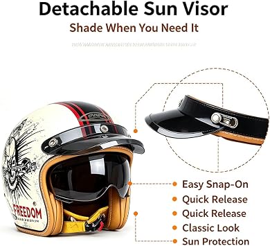 Motorcycle Open Face Helmet, German Style Vintage Motorbike Jet Helmet with Sun Visor, Retro 3/4 Open Face Design, ECE/DOT Approved Crash Jet Helmet for Men Women Road Legal