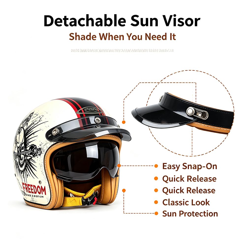 Vintage Jet Helm mit Visier, ECE/DOT genehmigt Motorrad Crash Jet Helm, Motorrad Open Face Helm, für Männer Frauen Road Legal, Retro 3/4 Open Face Design