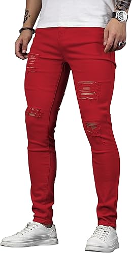 Miniatura 4 de HUNGSON Men's Blue Slim Fit Jeans Stretch Destroyed Ripped Skinny Jeans Side Striped Denim Pants