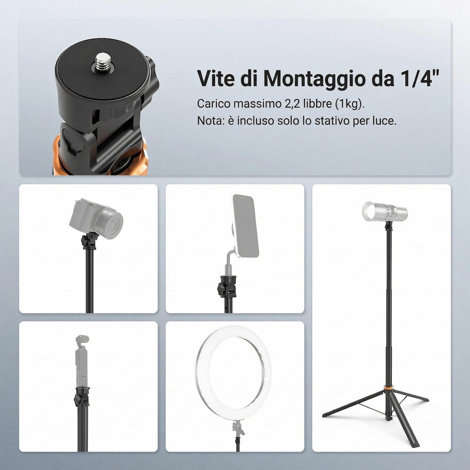 NEEWER BASICS Stativo per Luce Fotografica, Treppiede Fotocamera Portatile Estensibile in Metallo da 81" per Luce Continua, Vite da 1/4" Compatibile con Canon Nikon Sony DSLR Webcam Pocket 3, ST016
