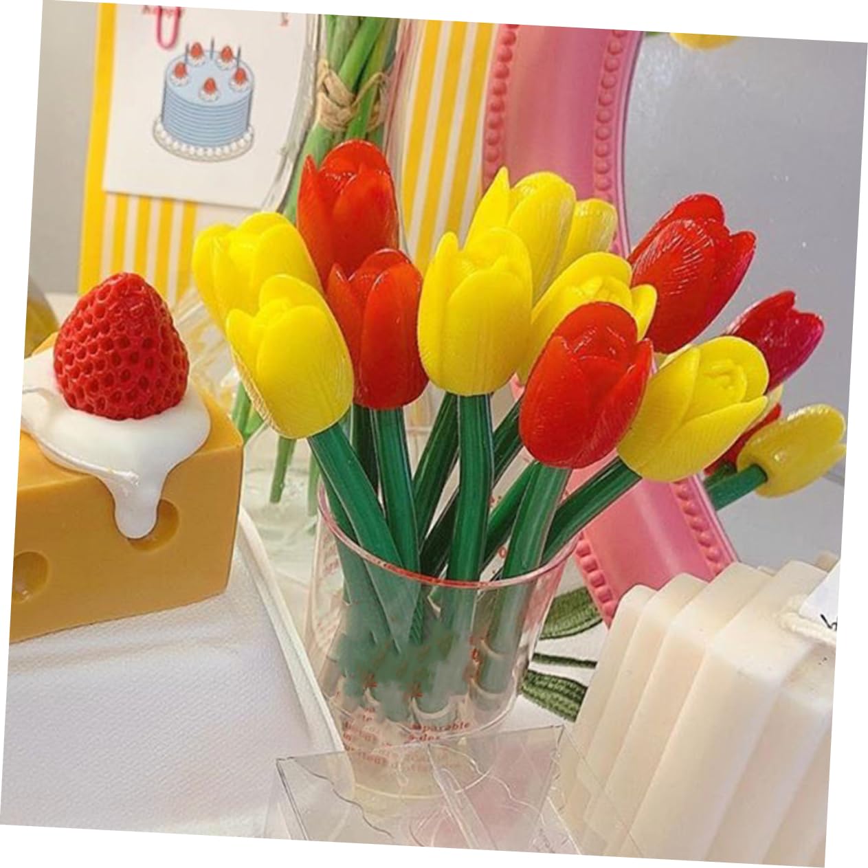 VILLCASE 5 Set Penna A Tulipano Simulata Penne Nere Rosse Penne Gel Nere Penna Evidenziatore Marcatore Marcatori Gel Pastello Punto Fantastici Gadget Note Regali Plastica 5 Pezzi*5
