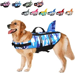 Large Dog Life Jacket Shark, Dog Swimming Safety Vest with Reflective Stripes & Rescue Handle, Adjustable High Buoyancy S/M/L Dog Swim Life Preserver for Water at Pool, Beach, Boating Camo Blue XS product image
