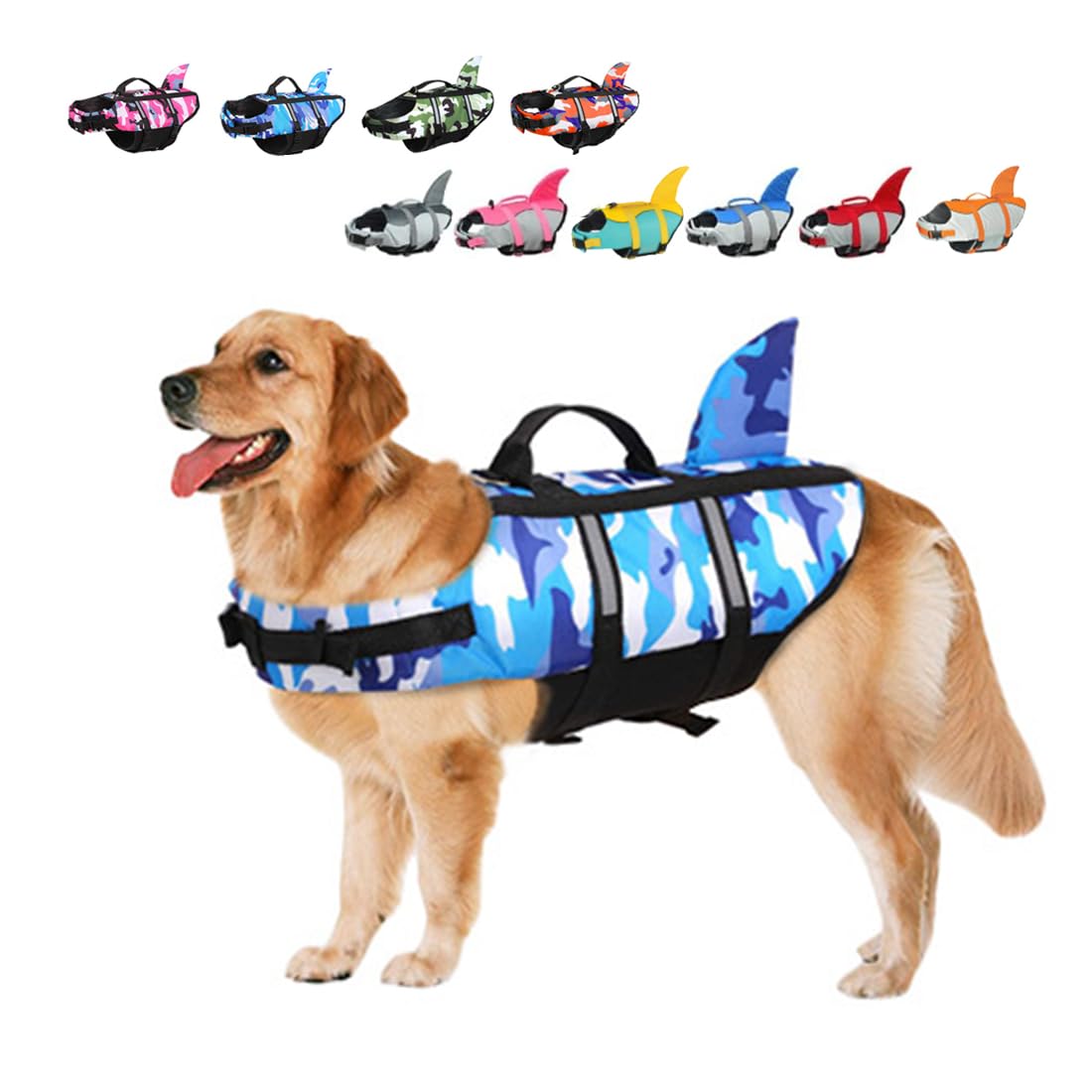 Gilet de Sauvetage pour Chien, Gilet de Sauvetage pour pour Petit, Moyen et Grand Chien avec poignée et réfléchissant, avec Une Bonne flottabilité, pour Piscine, Plage et Bateau Camo Bleu, XL