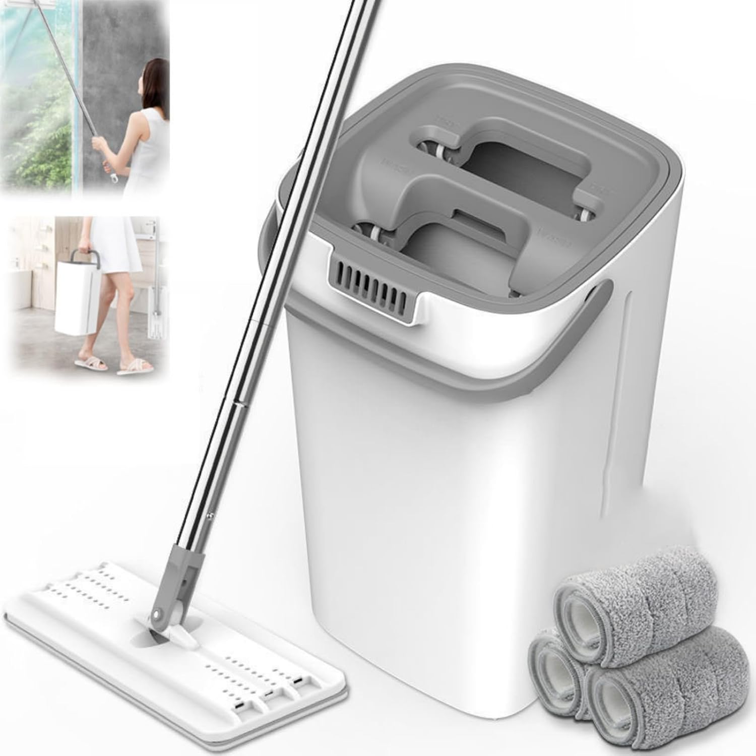 Mop and Bucket Set of 4 Reusable Microfiber Pads, Microfiber 4-in-1 Mop and Bucket with 4 Reusable Pads, for Hardwood, Tile, Walls, Windows (White)