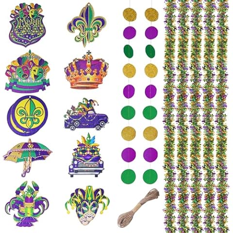 OALEN Mardi Gras Party Decorative Christmas Tree Decoration Hanging Wooden Decorations+Mardi Gras Christmas Tree Metal Ribbon+Golden Purple Green Circle Flower Ring Kit for Mardi Gras Party Supplies Cover