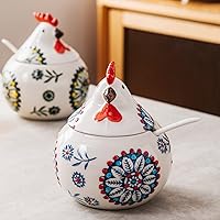 Vista 4 de Olla de condimentos de porcelana con tapa y cuchara, tazón de sal de 11 oz para cocina, forma de pollo