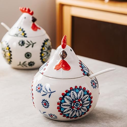 Miniatura 4 de Olla de condimentos de porcelana con tapa y cuchara, tazón de sal de 11 oz para cocina, forma de pollo