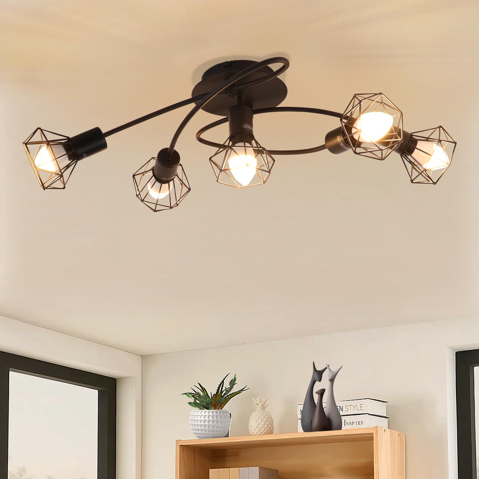 Glitzerlife LED lámpara de E14 lámpara de techo negro 5 llamas | foco de techo industrial orientable 350° vintage retro foco salón cocina sin bombilla