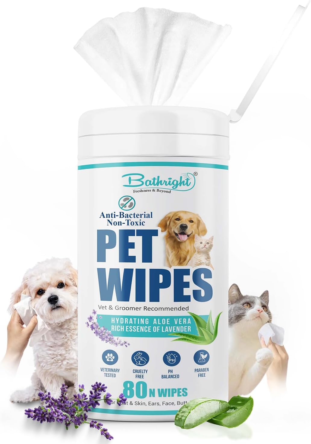 Bathright Pet Wipes 80 N Cat & Dog Wipes Aloe Vera & Fresh Lavender