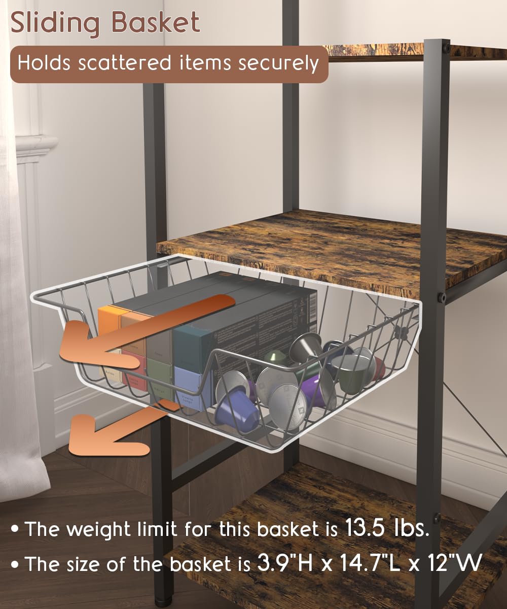 Kaffee-Bar-Station mit 4 Etagen, Eck-Bäckerregal mit 5 Haken und Drahtkorb, Kaffeebereiterständer für kleinen Raum, Küchenständer für Eingangsbereich, Wohnzimmer, Café, Schwarz, 41,9 x 33 x