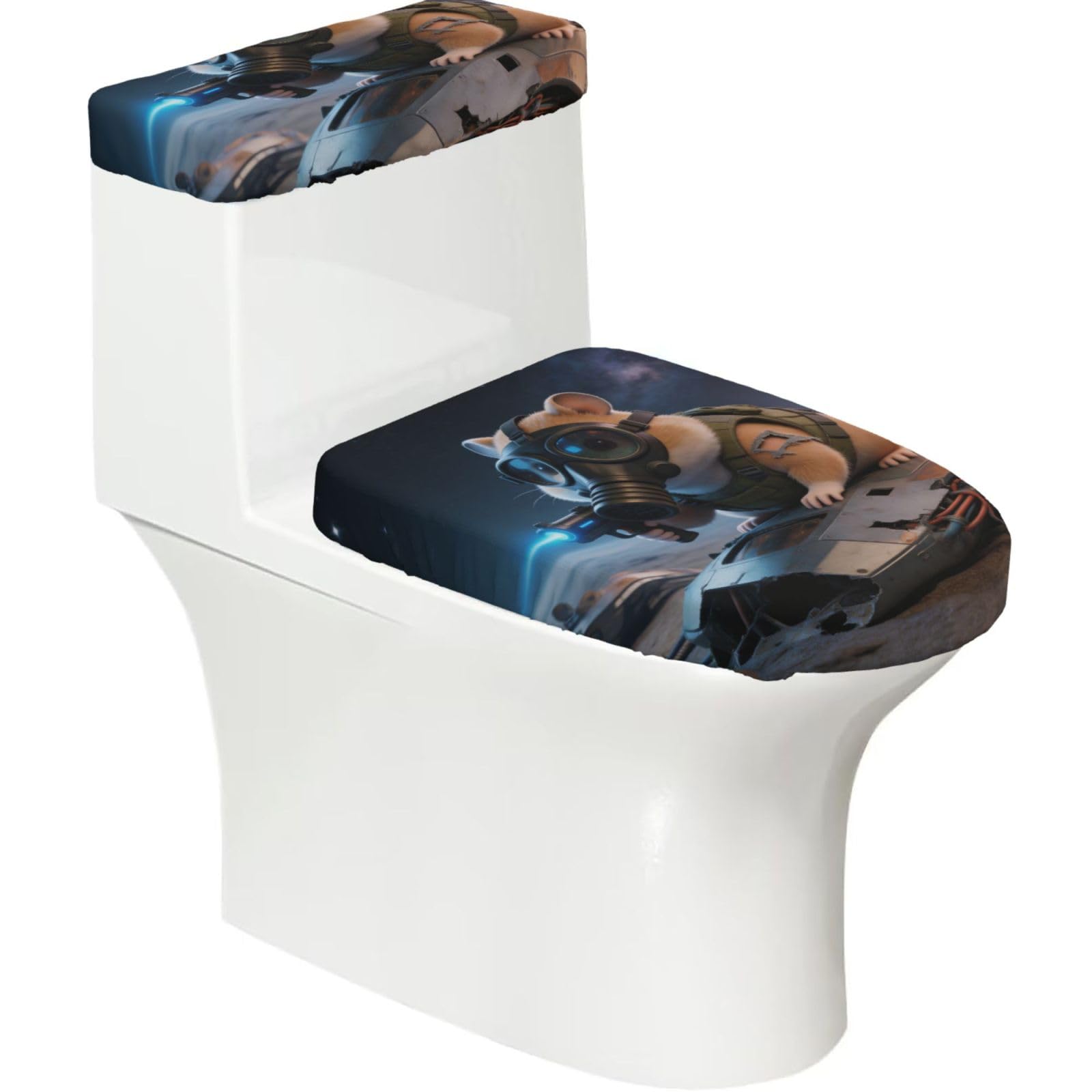 Cntdbu Black Science Fiction Hamster Elastic Toilet Cover Set Of 2-Stretchy Lid And Tank Covers For Bathroom, Soft Washable U Shape Toilet Decor