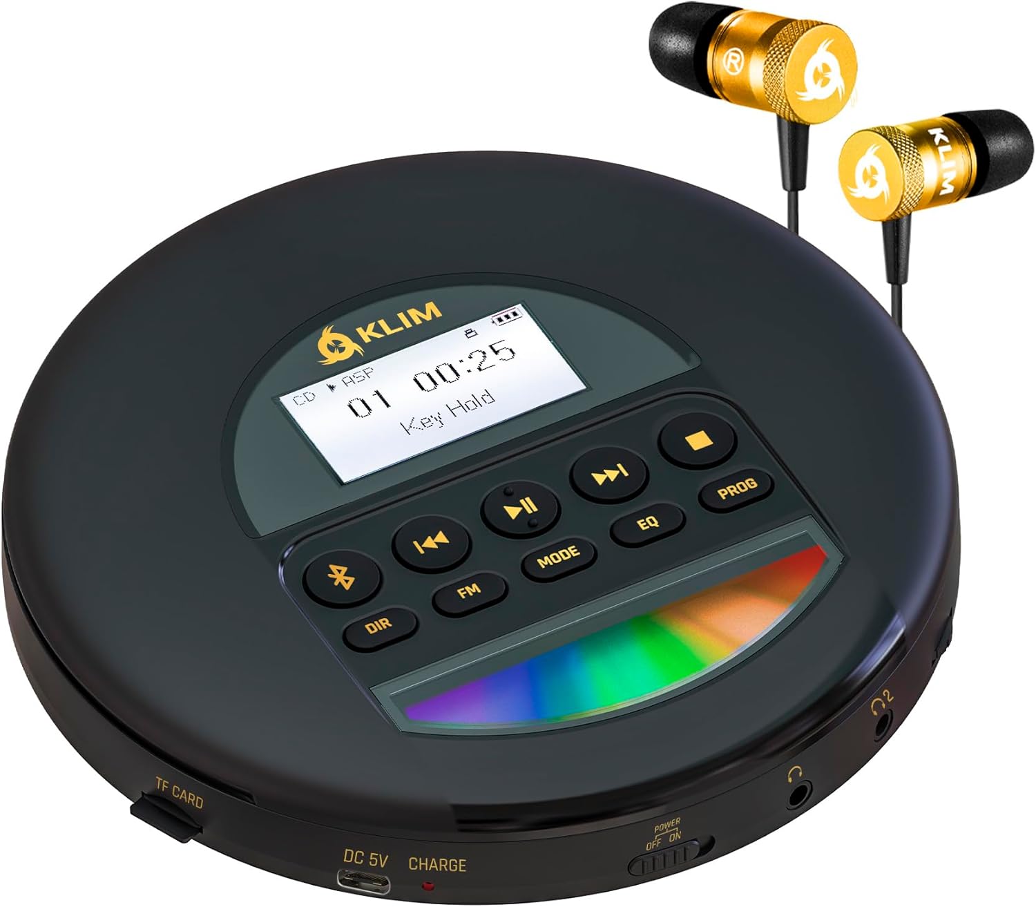 KLIM Nomad - Portable CD Player with Long-Lasting Battery - with Headphones - Radio FM - Compatible MP3 CD Player Portable - TF Card Radio FM Bluetooth - Ideal for Cars - Or