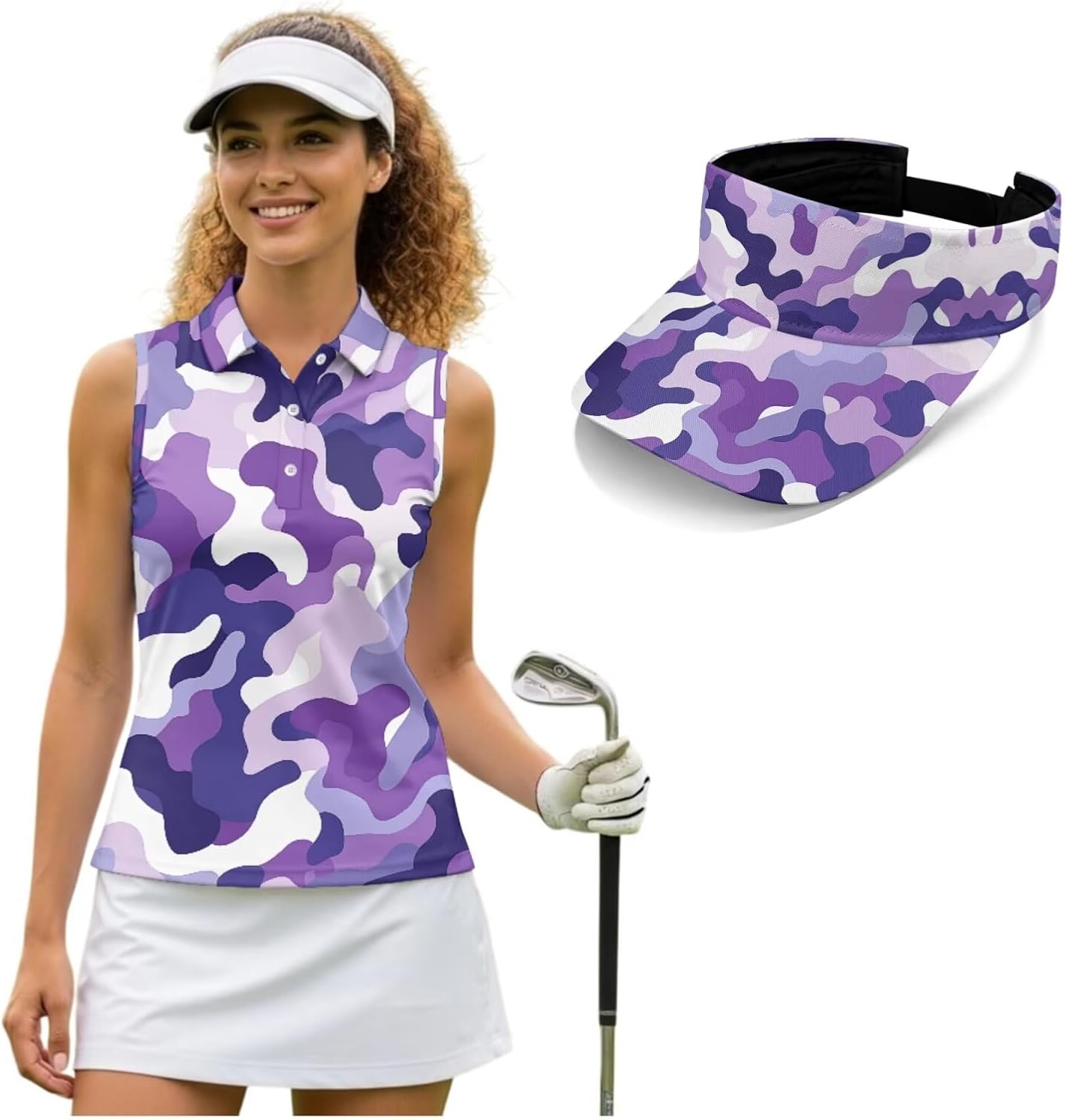 Biyejit Women's Sleeveless Golf Tennis Polo Shirts and Sun Visor Set Button Collard Workout Tank Top Athletic Shirt Quick Dry