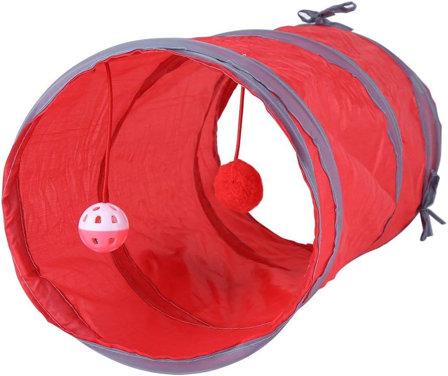 Cat Tunnel Toy, 2 Colors Collapsible Pet Rabbits Kitten Cat Play Tunnel Interactive Toy with Tinkle Bell & Plush Ball(Red)