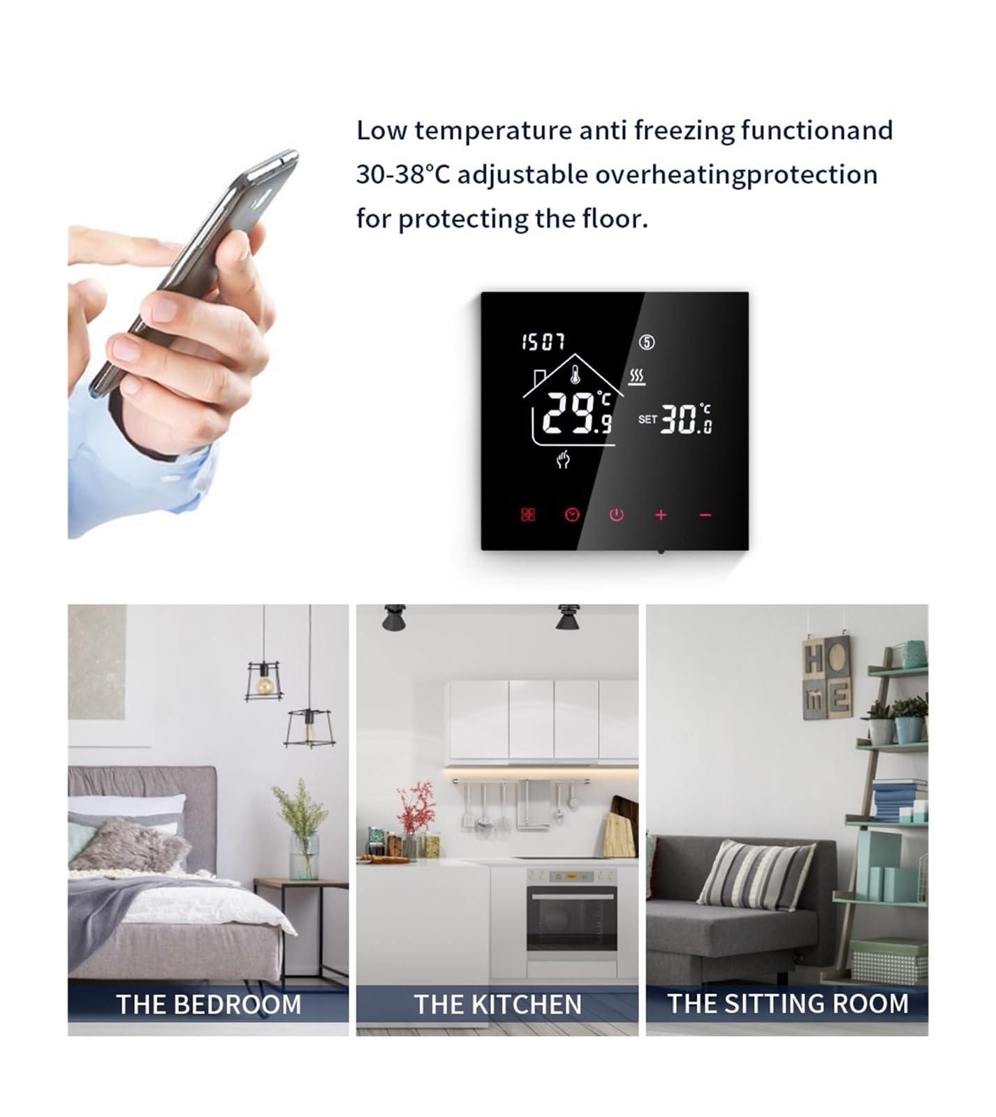 Termostato Intelligente, Termostato Touchscreen LCD, di Riscaldamento a Pavimento Elettrico programmabile, regolatore di Temperatura for la casa(Water Floor 3A)