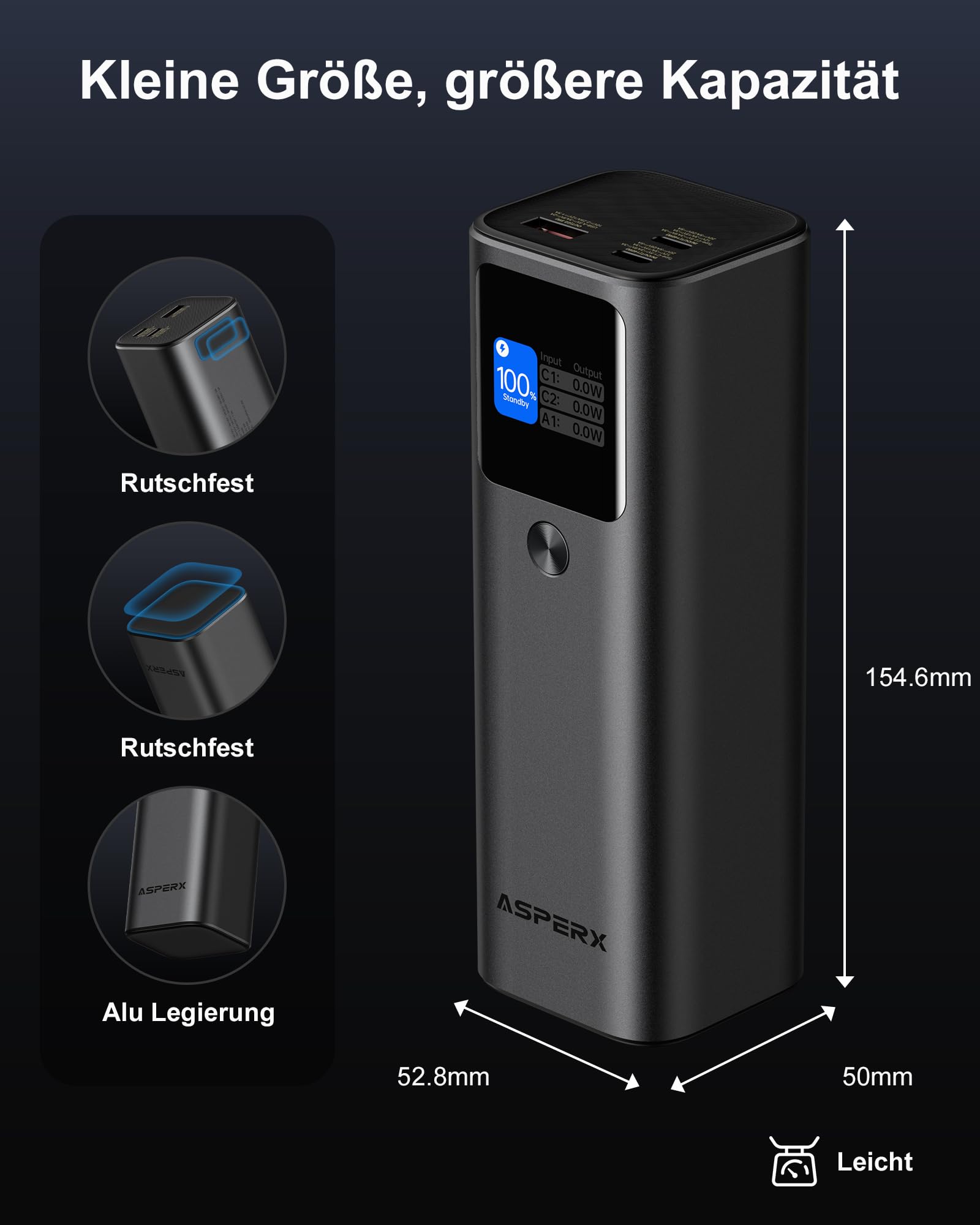 AsperX 140W 27600mAh Powerbank Laptop USB C Schnellladung | Tragbar Alu Legierung Power Bank mit TFT Display,Akkupack für iPhone17/16/15,Galaxy,MacBook